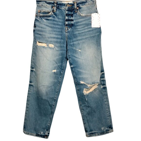 Free People Jeans 25 R Button Fly Distressed Cropped Frayed Holes Hippie Pants - Picture 1 of 16